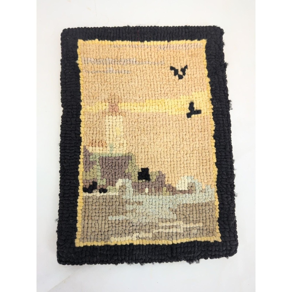 Miniature Grenfell Hooked Rug Lighthouse Ocean Birds 4'x6" Newfoundland Canada